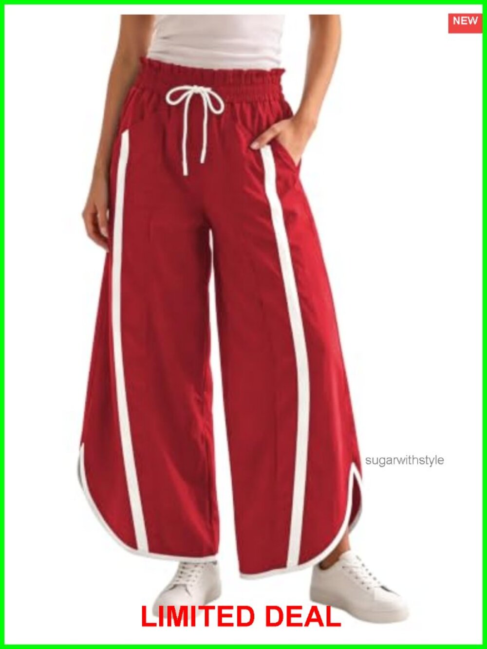 Wide Leg Striped Track Pants Drawstring Pockets Yoga Casual
